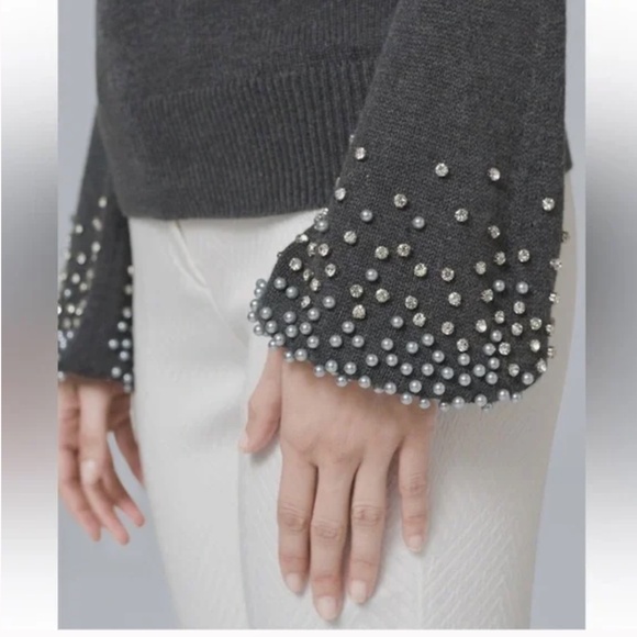White House Black Market Gray Embellished Sleeve Sweater - Picture 2 of 9